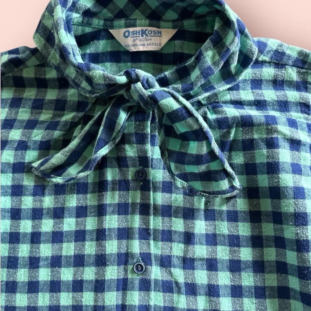 Vtg OshKosh B'Gosh Plaid Flannel Top Shirt Teal Girls Sz 12/14 Large Ascot Blue
